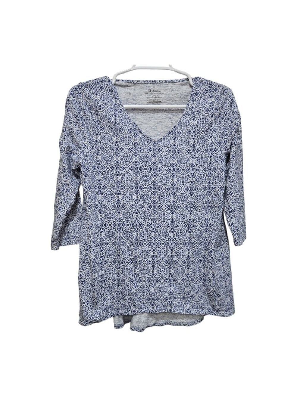 Chico’s The Ultimate Tee Blue Tile Print V-Neck 3/4 Sleeve Top 0